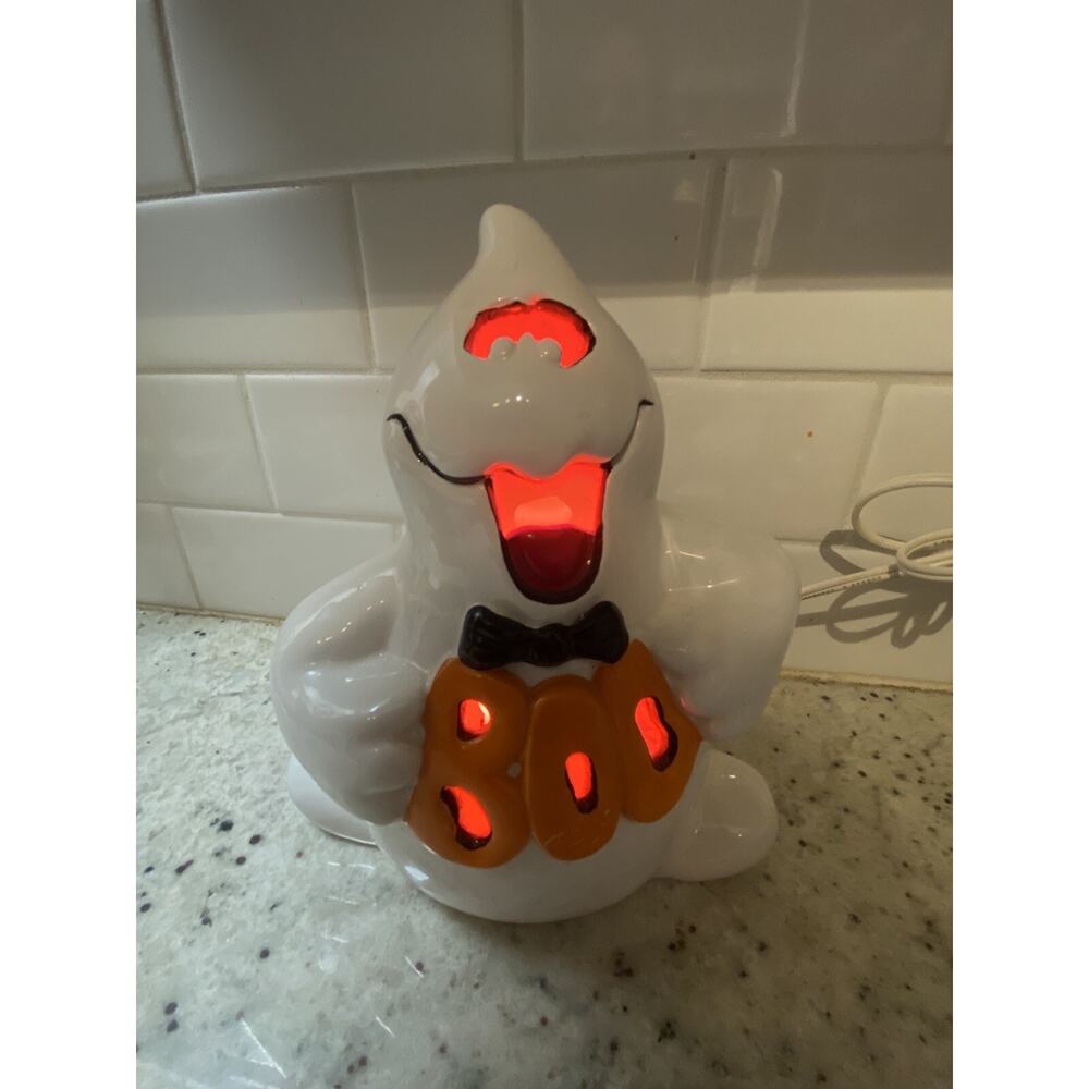 WORKS-Vintage Ceramic Boo Ghost Halloween Decor Light Up Lantern Lamp.